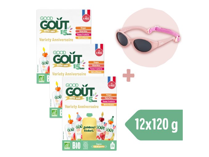 3× Good Goût BIO Ovocný Jackpot (4×120 g) + Dodie slnečné okuliare (0 – 18 mes.), ružové