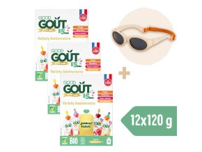 3× Good Goût BIO Ovocný Jackpot (4×120 g) + Dodie slnečné okuliare (0 – 18 mes.), béžové