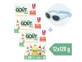 3× Good Goût BIO Ovocný Jackpot (4×120 g) + Dodie slnečné okuliare (0 – 18 mes.), modré