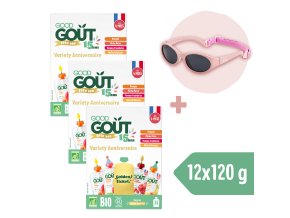3× Good Goût BIO Ovocný Jackpot (4×120 g) + Dodie slnečné okuliare (0 – 18 mes.), ružové