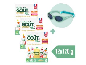 3× Good Goût BIO Ovocný Jackpot (4×120 g) + Dodie slnečné okuliare (0 – 18 mes.), zelené