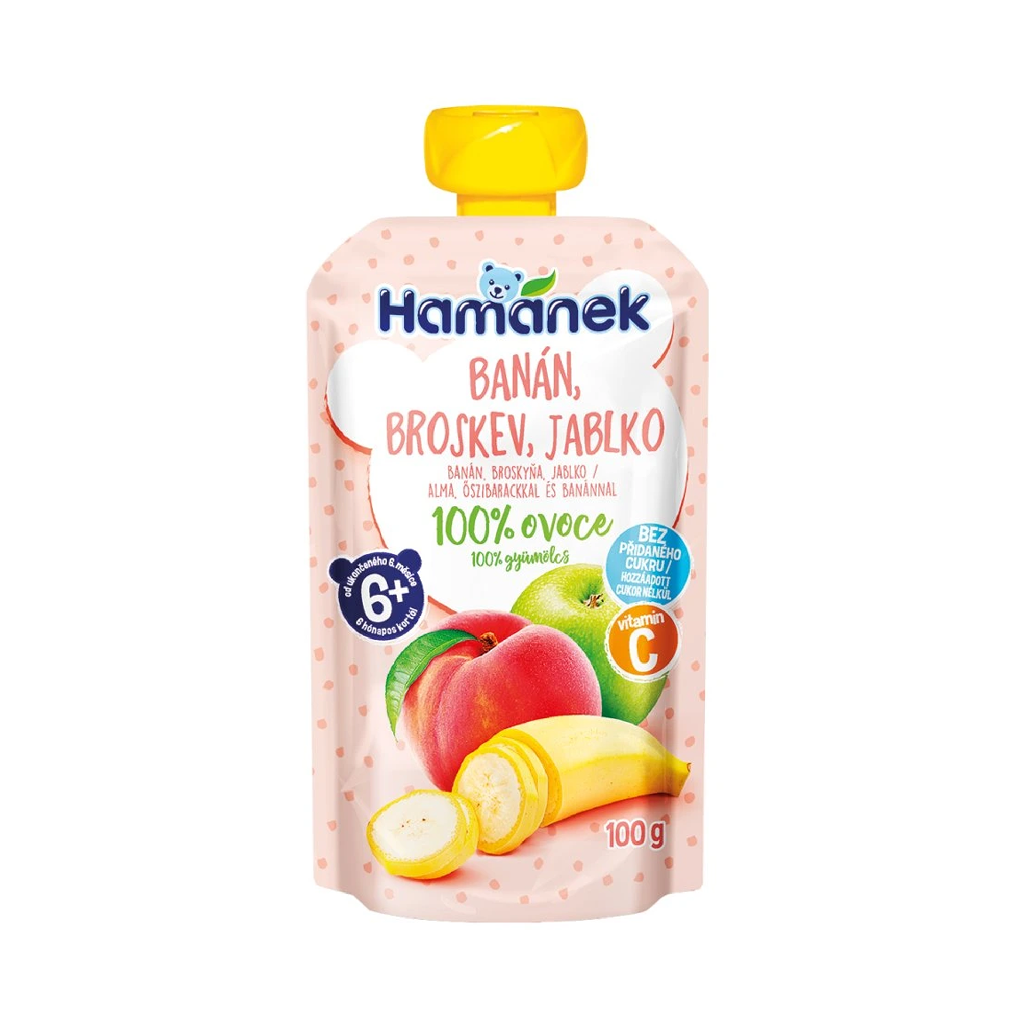 Hamánek Banán, broskyňa a jablko 100% ovocie 6m+ (100 g)