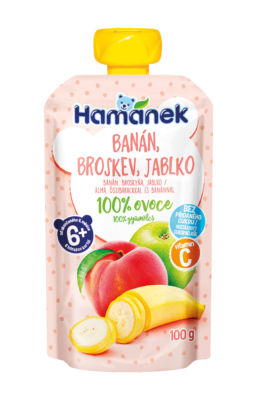 Hamánek Banán, broskyňa a jablko 100% ovocie 6m+ (100 g)