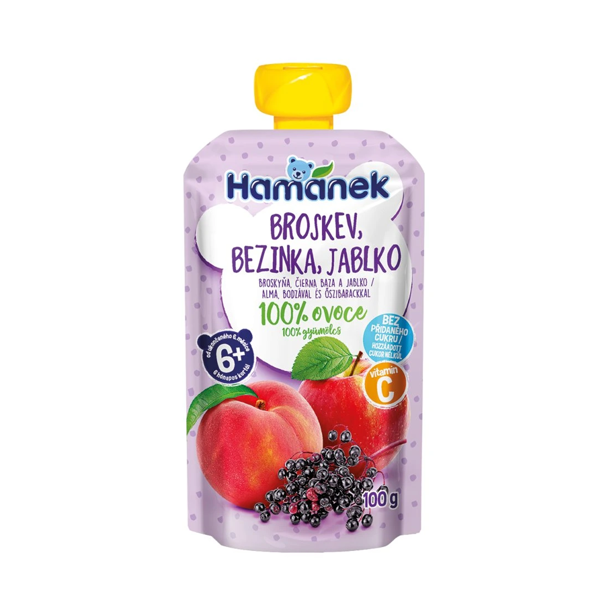 Hamánek Broskyňa, baza čierna a jablko 100% ovocie 6m+ (100 g)
