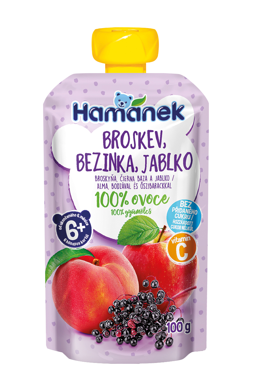 Hamánek Broskyňa, baza čierna a jablko 100% ovocie 6m+ (100 g)