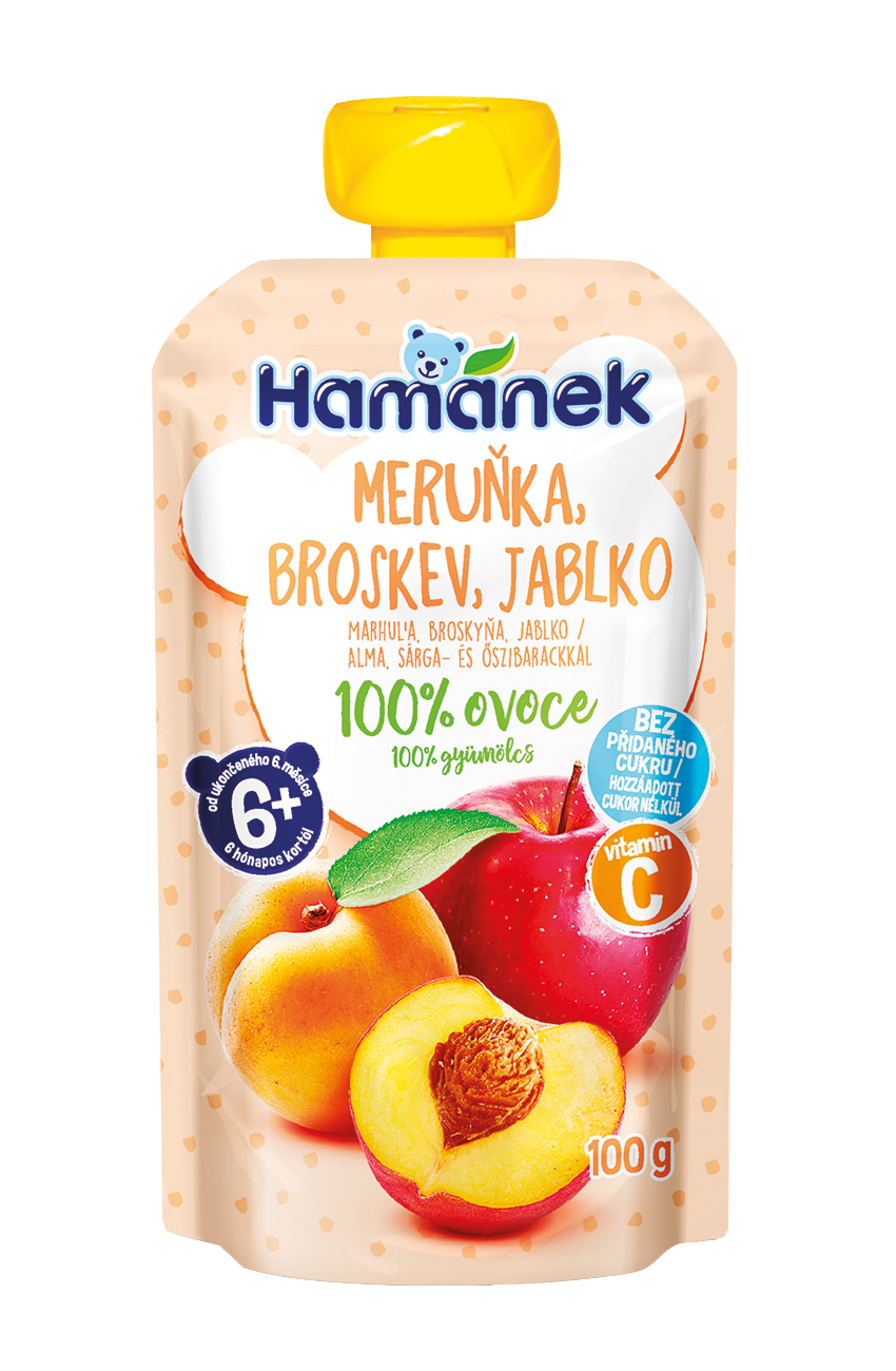 Hamánek Marhuľa, broskyňa a jablko 100% ovocie 6m+ (100 g)