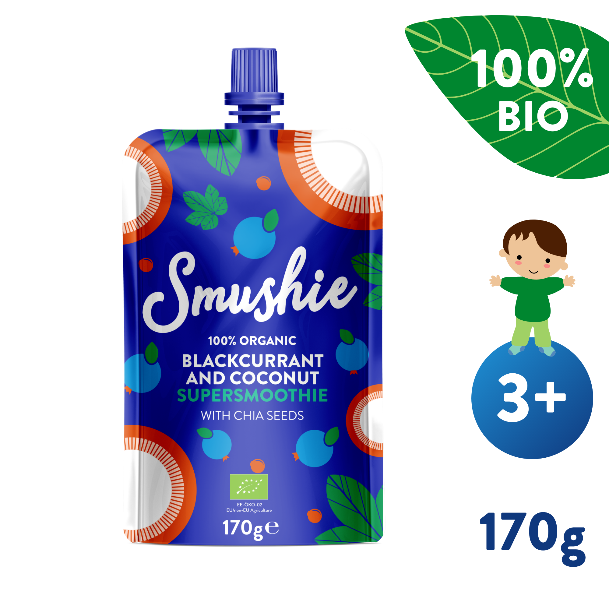 E-shop SALVEST Smushie BIO Ovocné smoothie s čiernymi ríbezľami, kokosovým mliekom a chia semienkami (170 g)