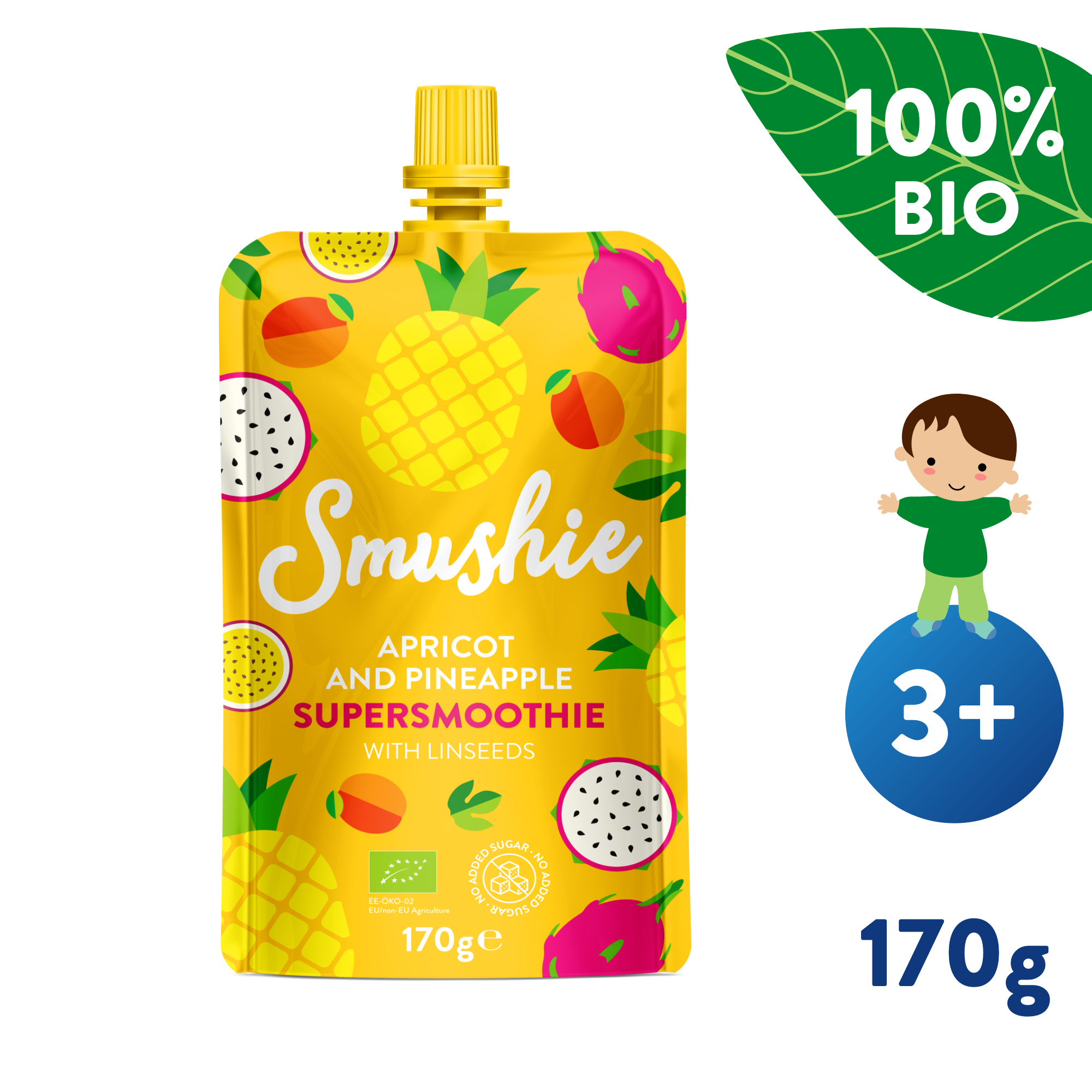 E-shop SALVEST Smushie BIO Ovocné smoothie s marhuľou, ananásom a ľanovými semienkami (170 g)