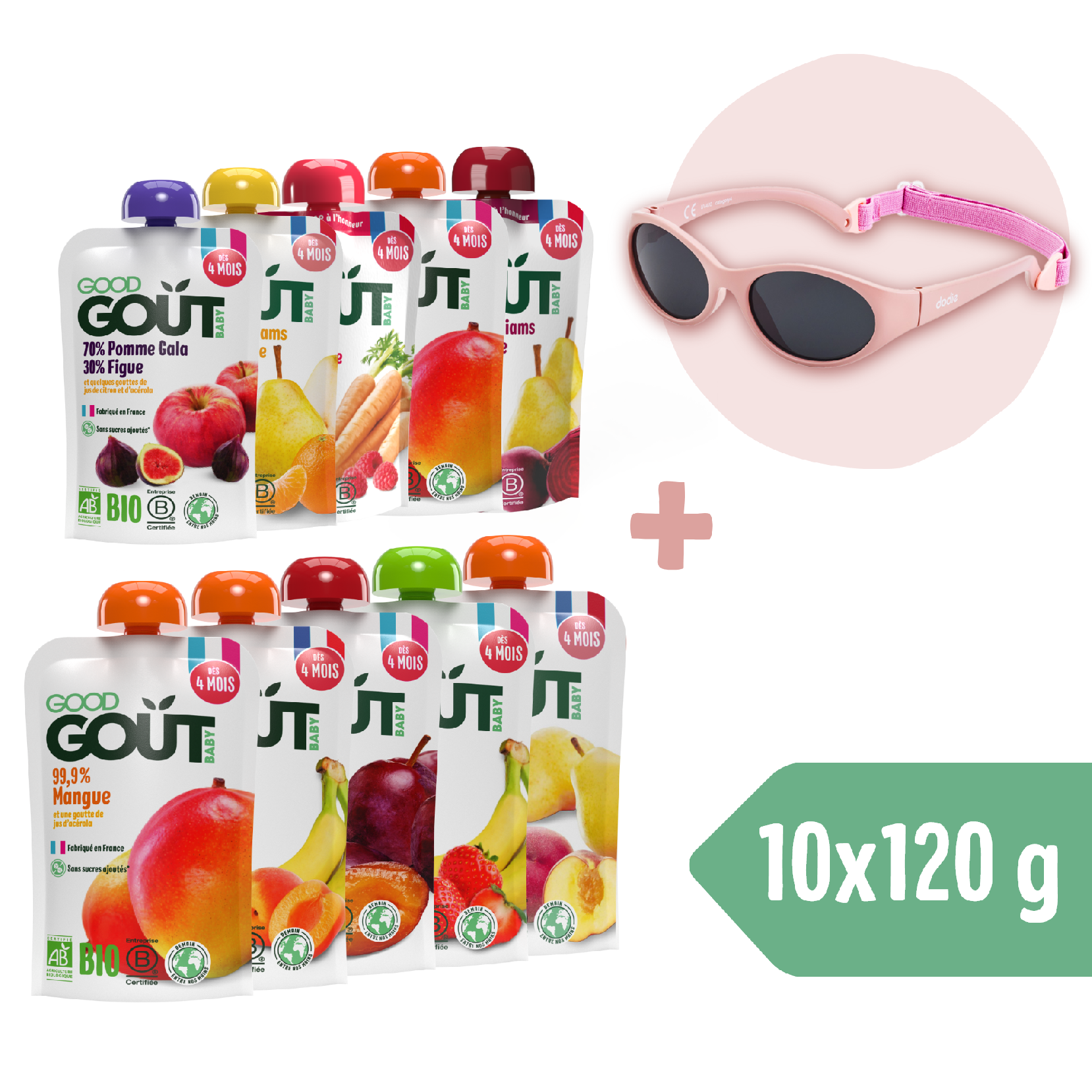 Good Gout BIO Kapsičkový 10pack + Dodie slnečné okuliare (0 – 18 mes.), ružové