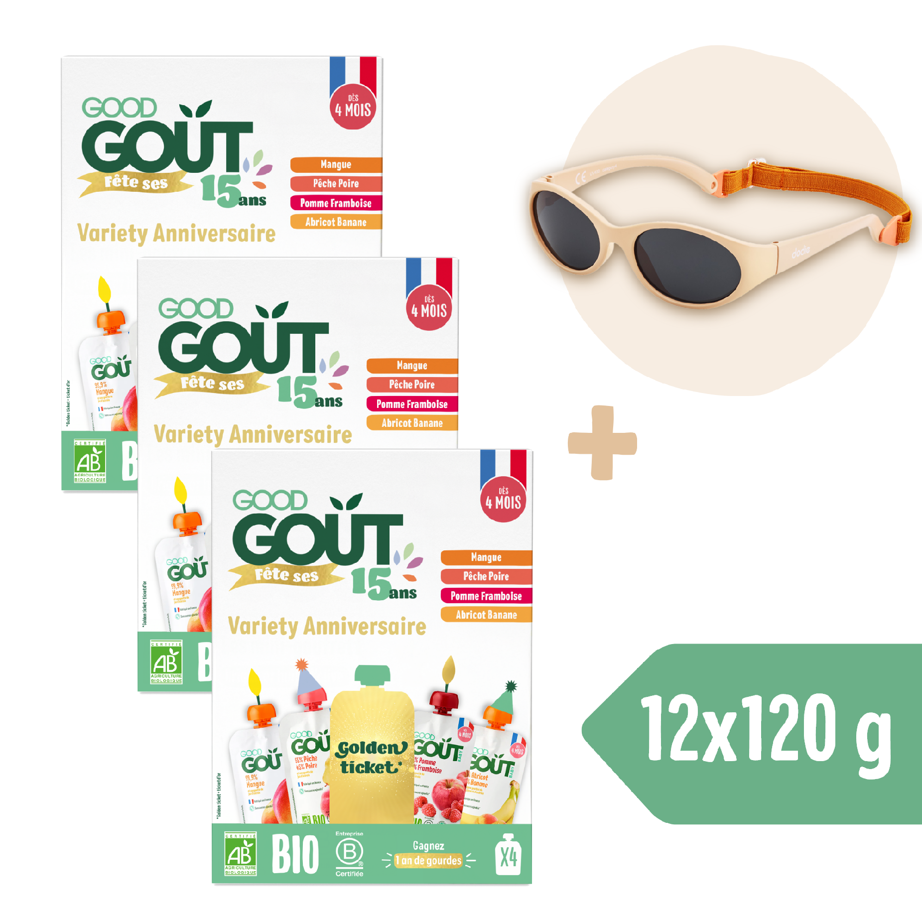 3× Good Goût BIO Ovocný Jackpot (4×120 g) + Dodie slnečné okuliare (0 – 18 mes.), béžové