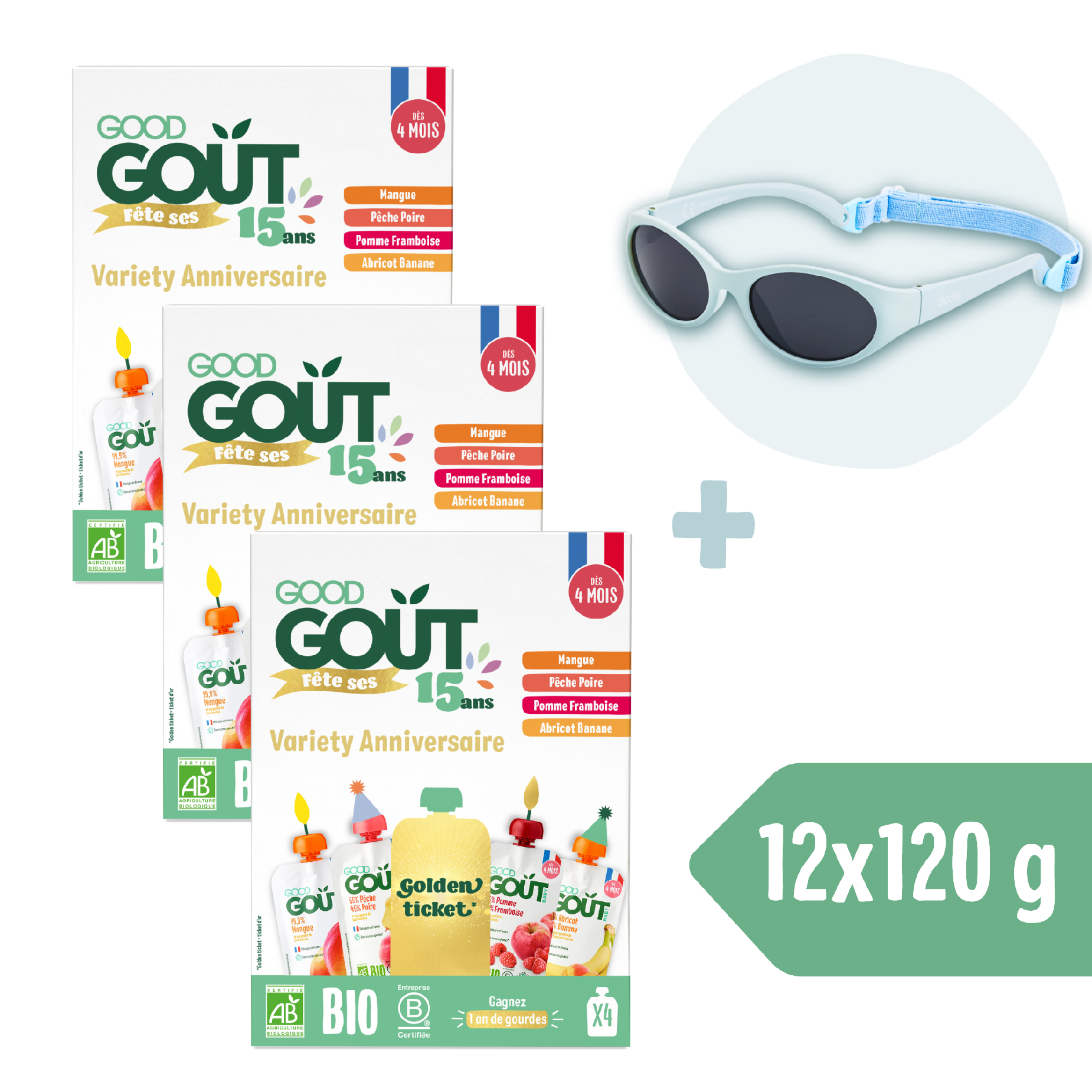 3× Good Goût BIO Ovocný Jackpot (4×120 g) + Dodie slnečné okuliare (0 – 18 mes.), modré