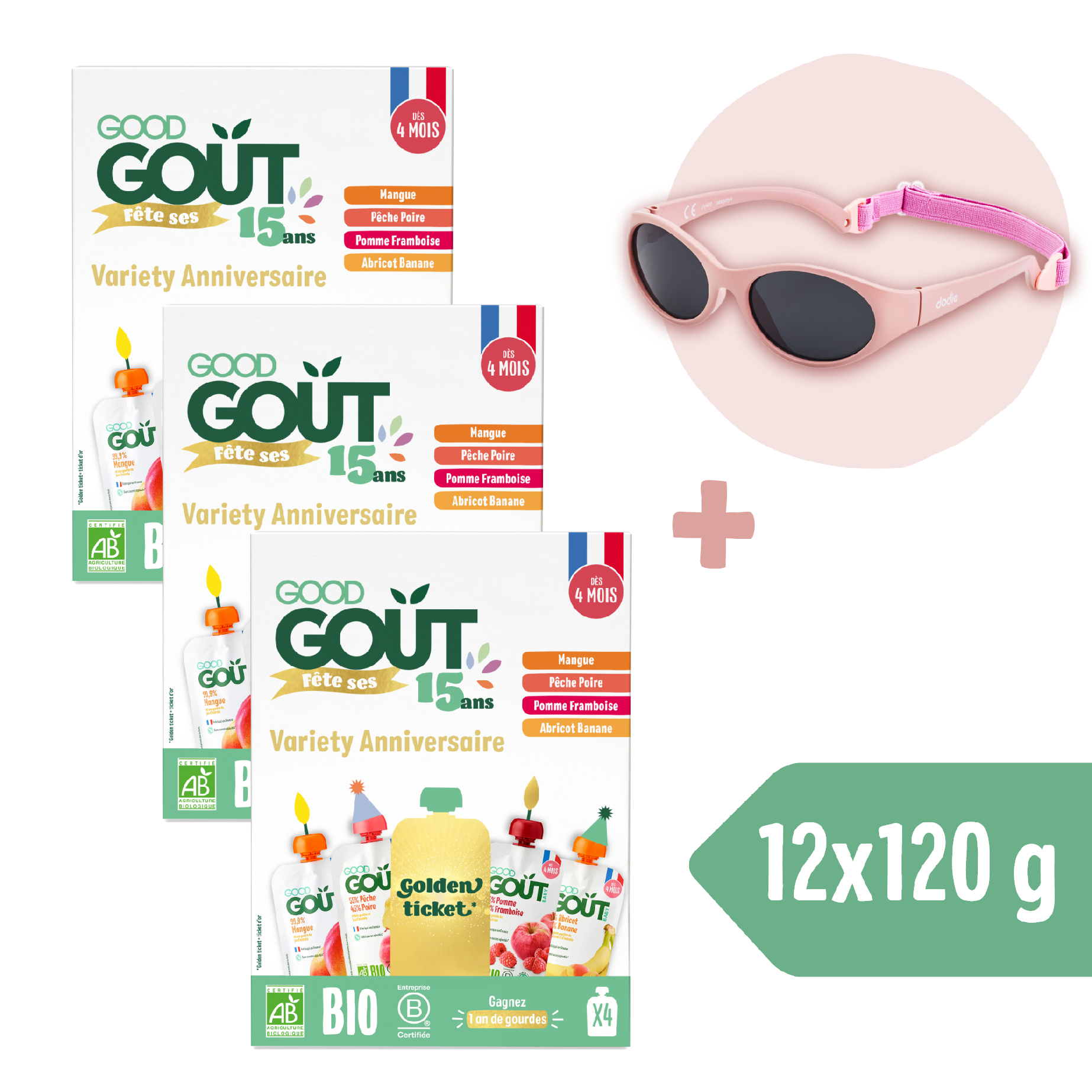 3× Good Goût BIO Ovocný Jackpot (4×120 g) + Dodie slnečné okuliare (0 – 18 mes.), ružové