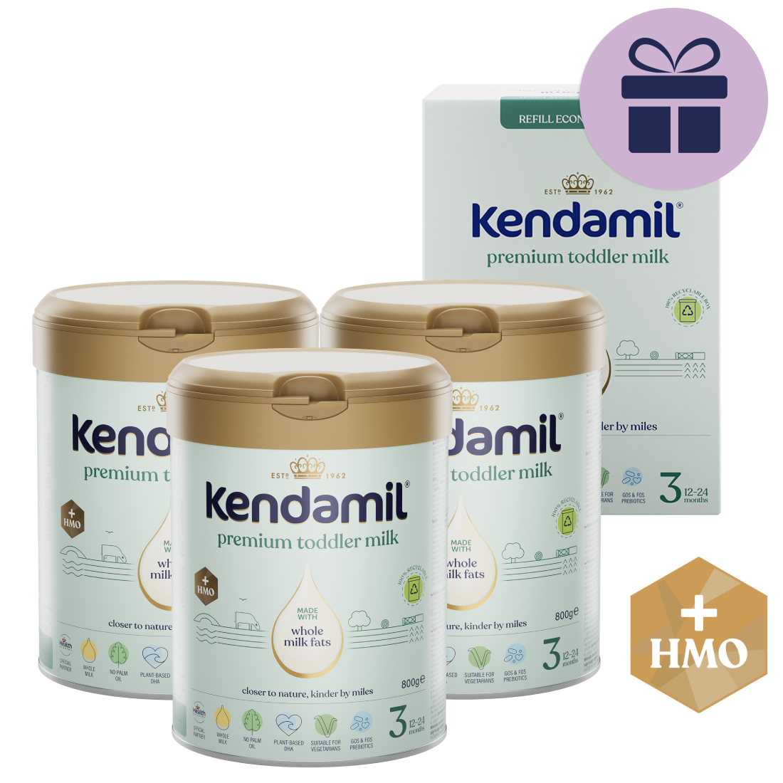 3x Kendamil Premium 3 HMO+ (800 g) + ZDARMA 600 g