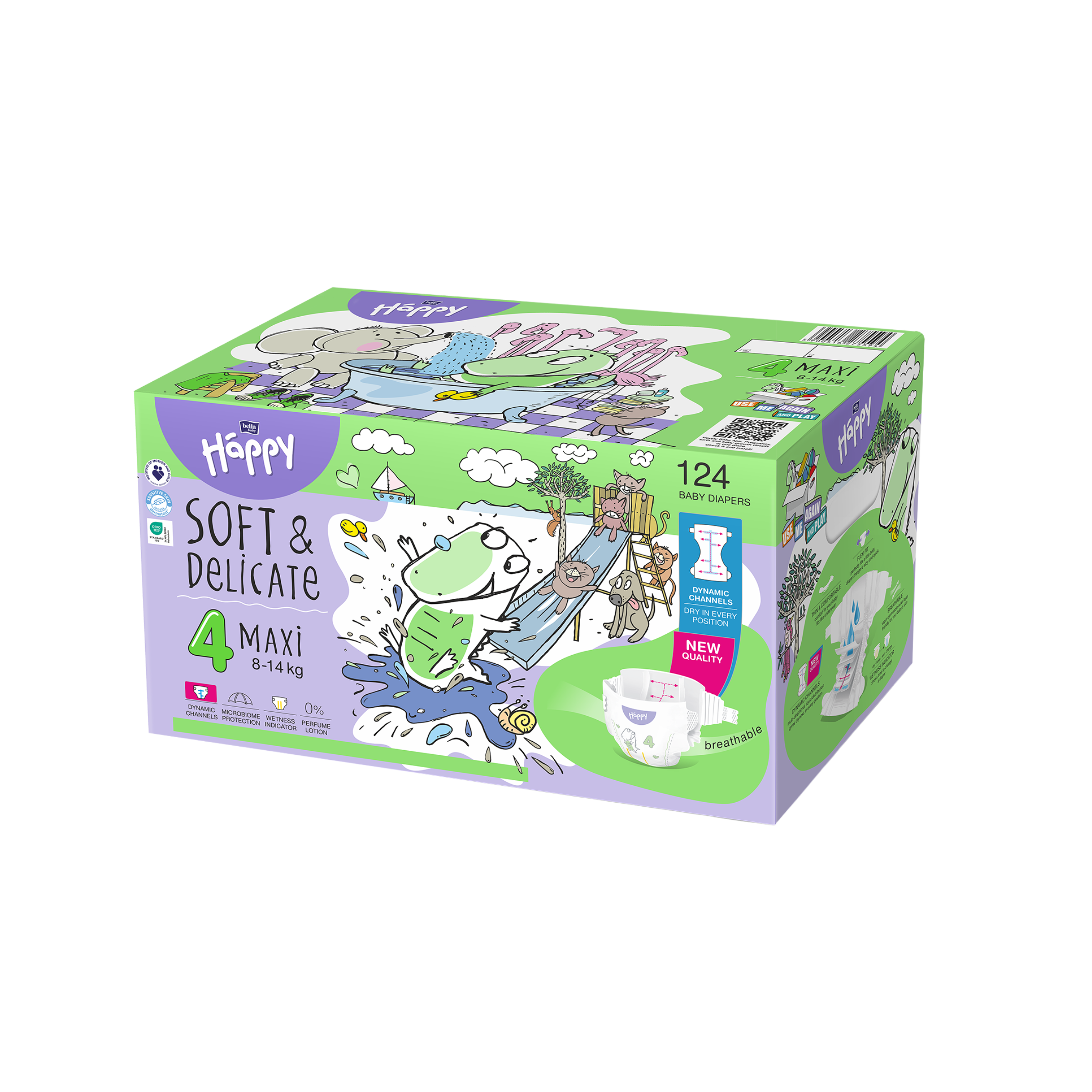Bella Baby Happy detské plienky s kanálikmi Soft & Delicate veľkosť 4 (8-14 kg), krabica 2 x 62 ks
