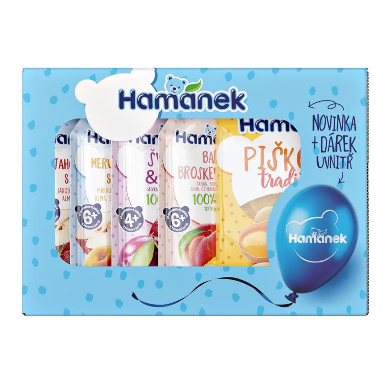 Hamánek Multipack 4 x 100 g ovocných snackov + 120 g sušienok + darček