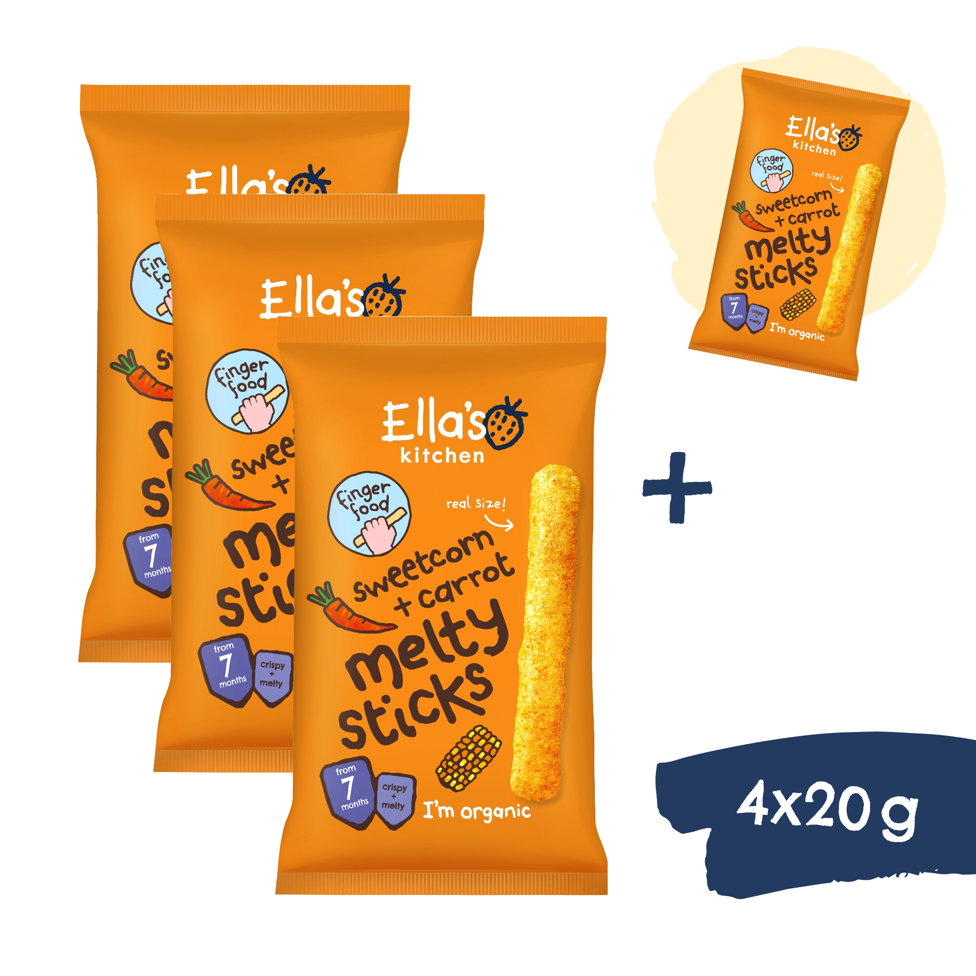3+1 ZADARMO: Ella's Kitchen BIO Chrumkavé tyčinky s kukuričkou a mrkvou (16 g)