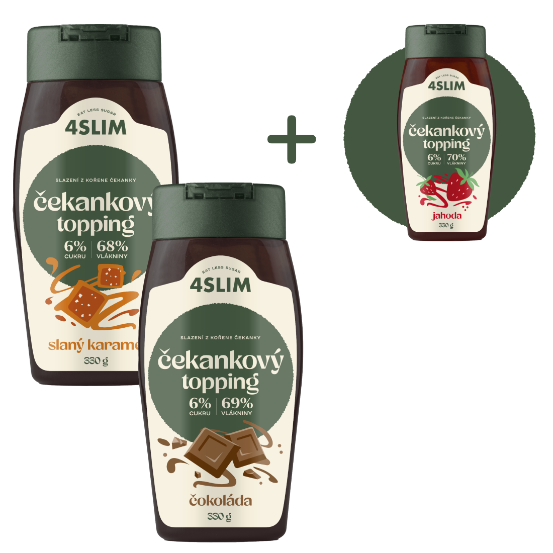 2+1 ZADARMO: 4Slim Čakankový topping MIX príchutí čokoláda, slaný karamel, jahoda (3x330 g)