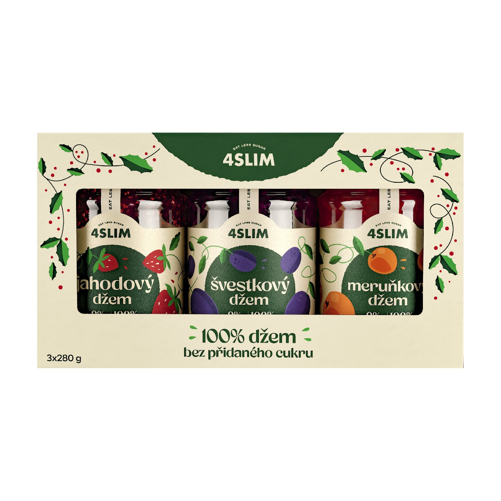 2+1 ZADARMO: 4Slim Mix 100 % džemov - Marhuľa, Slivka, Jahoda (3 × 280 g)