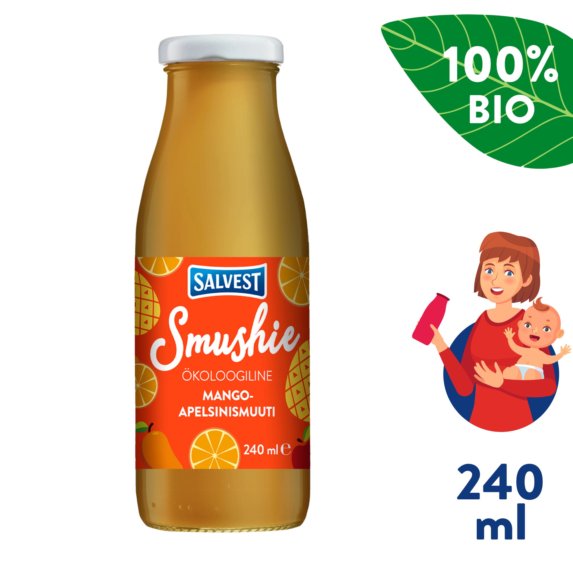 E-shop SALVEST Smushie BIO Ovocné smoothie s mangom, ananásom a pomarančovou dužinou (240 ml)