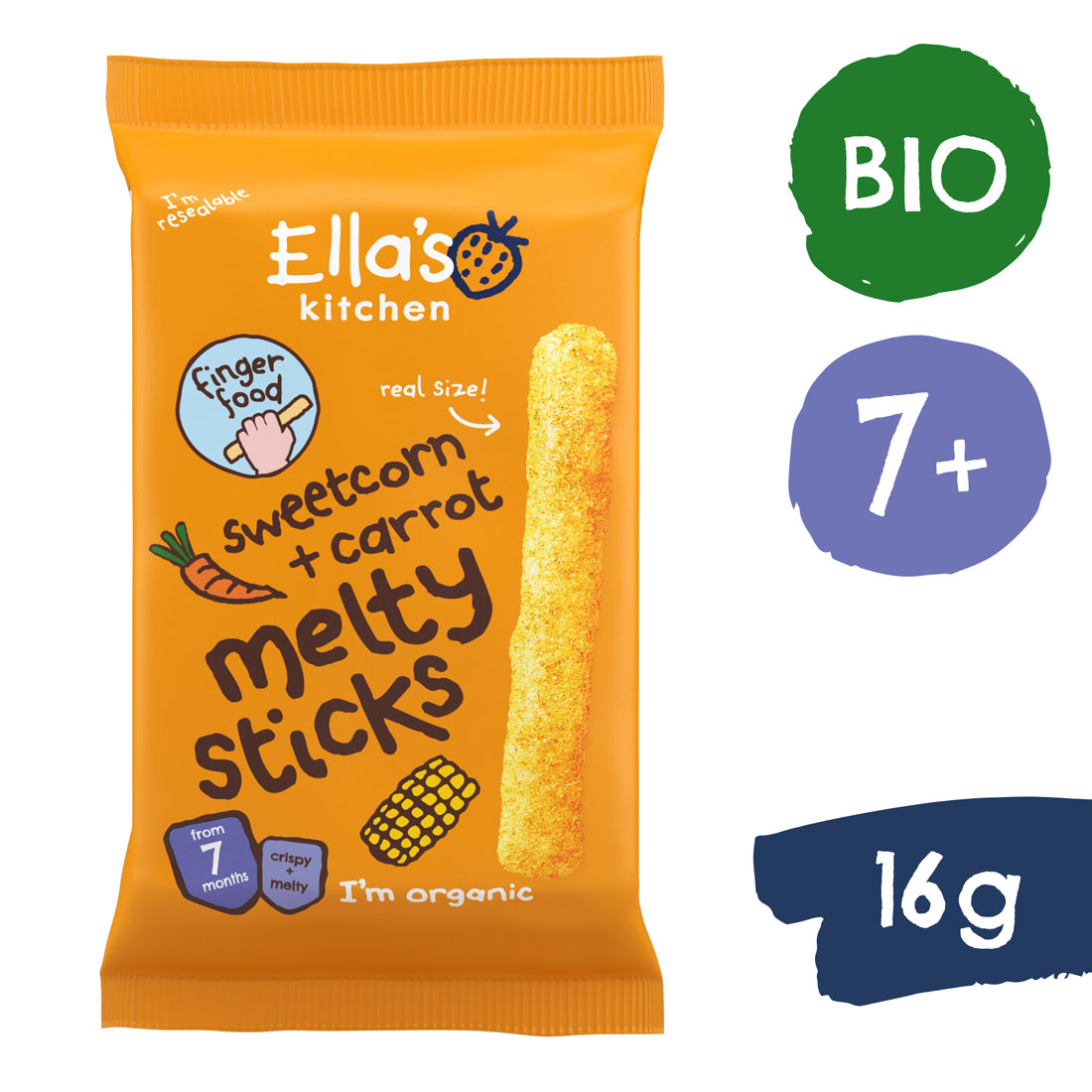 E-shop Ella's Kitchen BIO Chrumkavé tyčinky s kukuričkou a mrkvou (16 g)