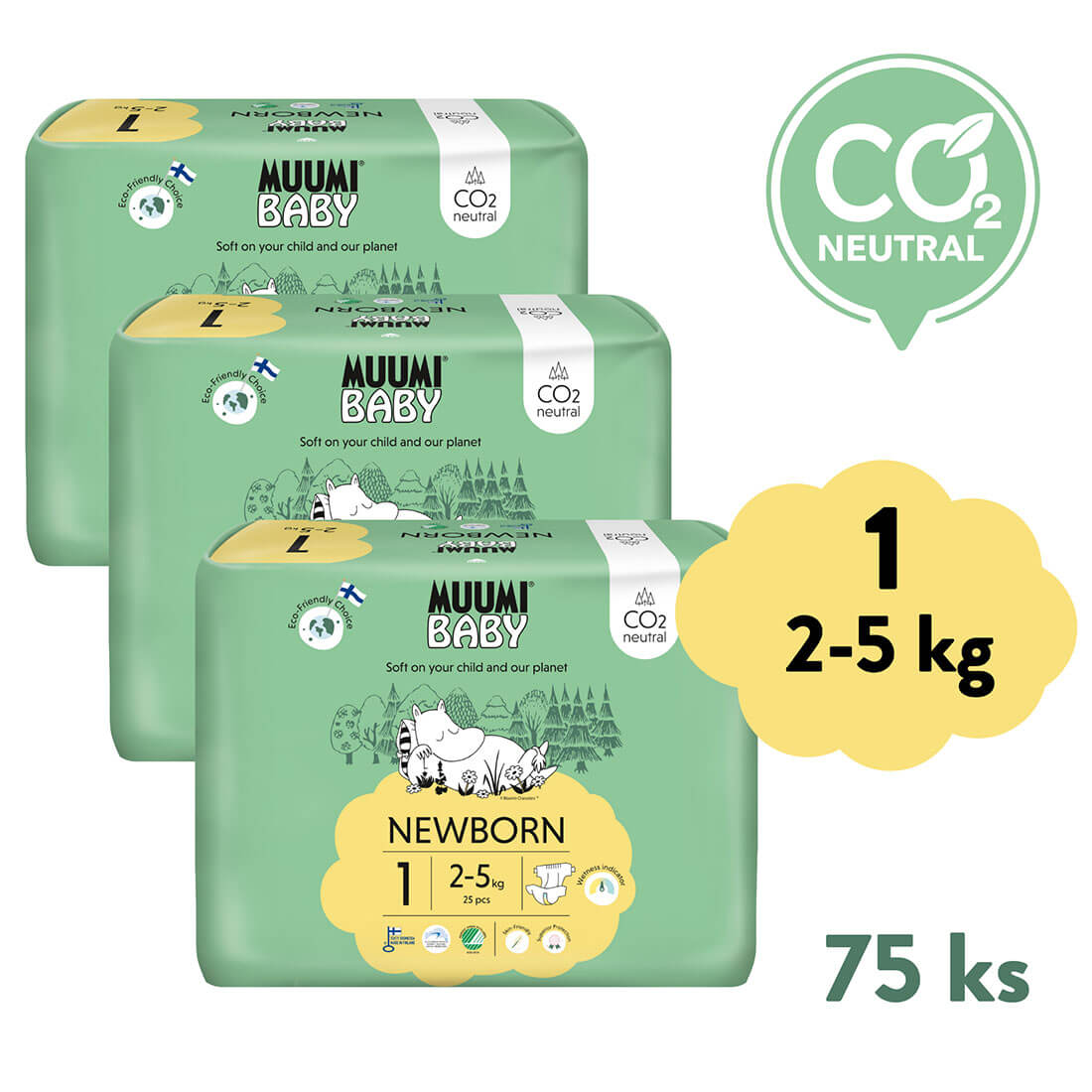 E-shop Muumi Baby 1 Newborn 2-5 kg (75 ks), mesačné balenie eko plienok