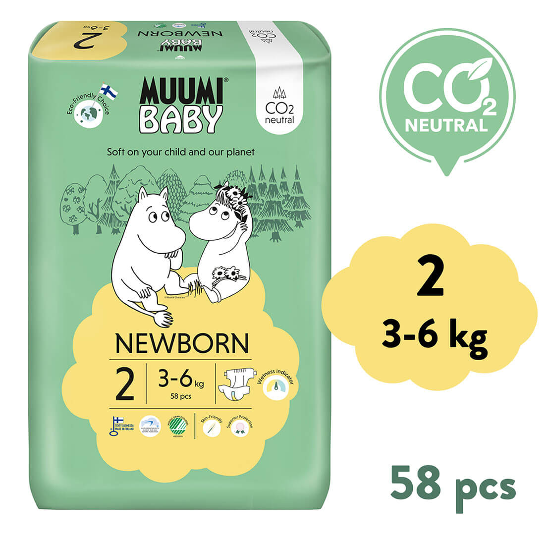 E-shop Muumi Baby 2 Newborn 3-6 kg (58 ks), eko plienky