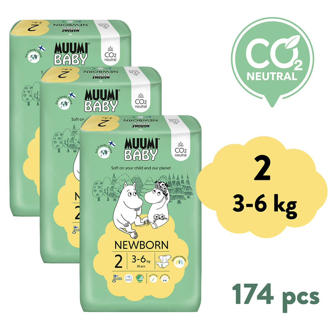 E-shop Muumi Baby 2 Newborn 3-6 kg (174 ks), mesačné balenie eko plienok