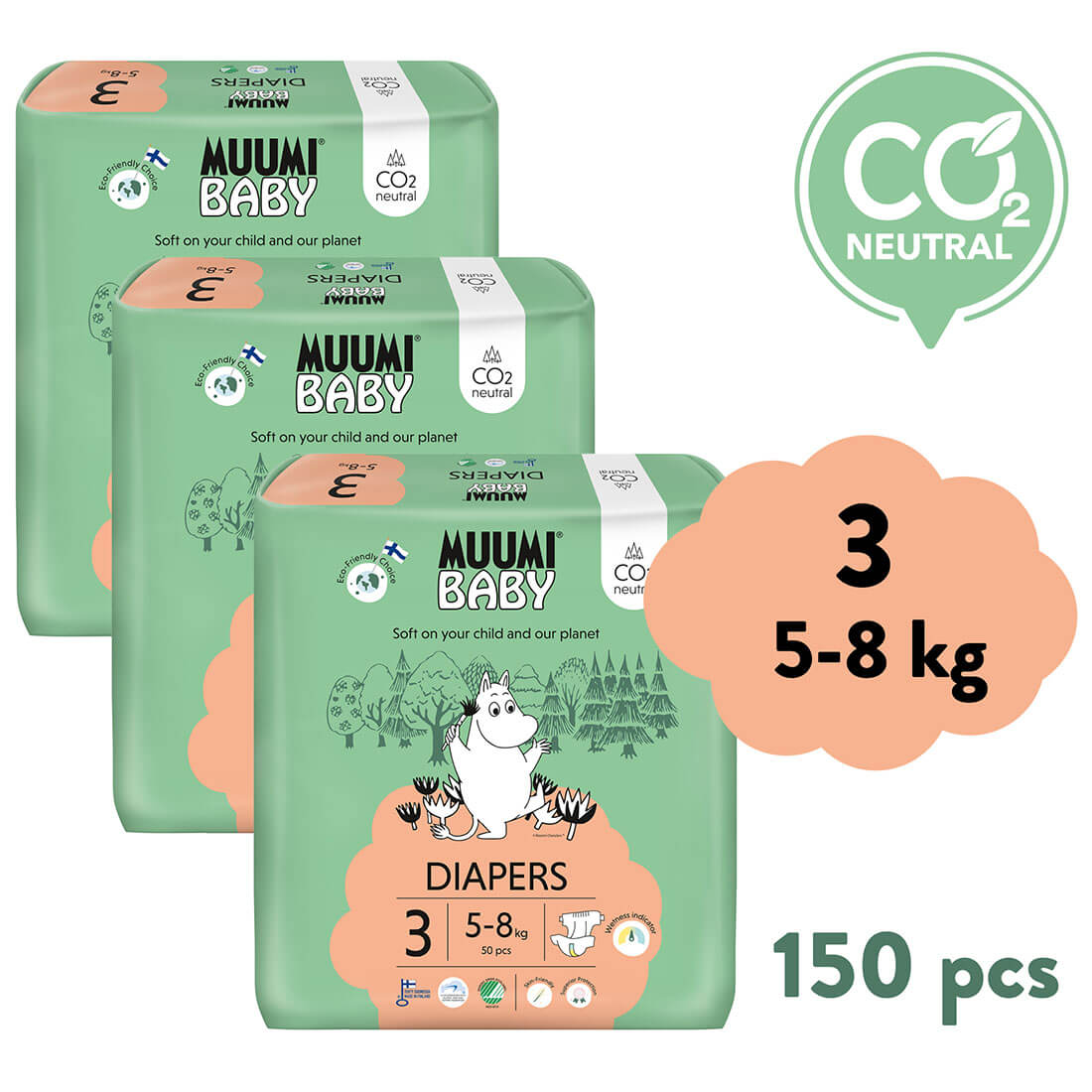 E-shop Muumi Baby 3 Midi 5-8 kg (150 ks), mesačné balenie eko plienok