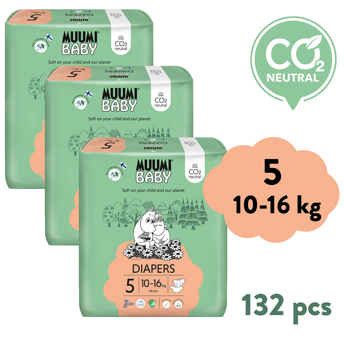 E-shop Muumi Baby 5 Maxi+ 10-16 kg (132 ks), mesačné balenie eko plienok