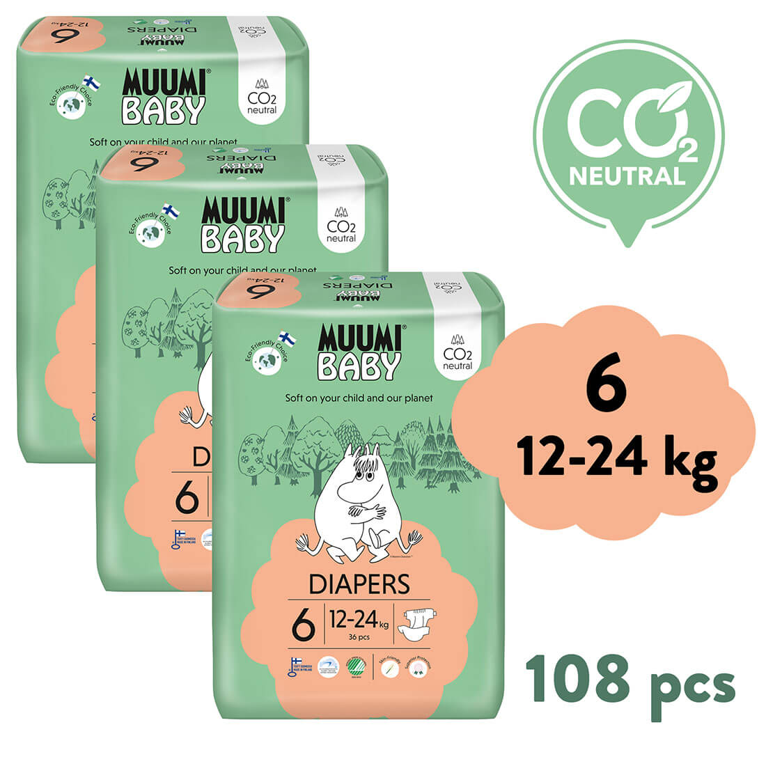 E-shop Muumi Baby 6 Junior 12-24 kg (108 ks), mesačné balenie eko plienok