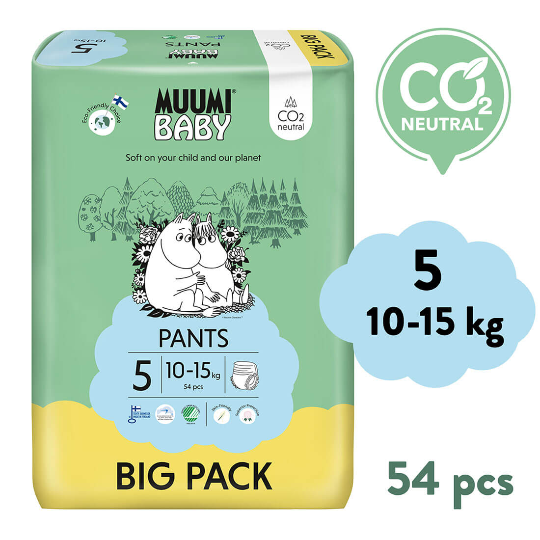 E-shop Muumi Baby Pants 5 Maxi+ 10-15 kg (54 ks), nohavičkové eko plienky