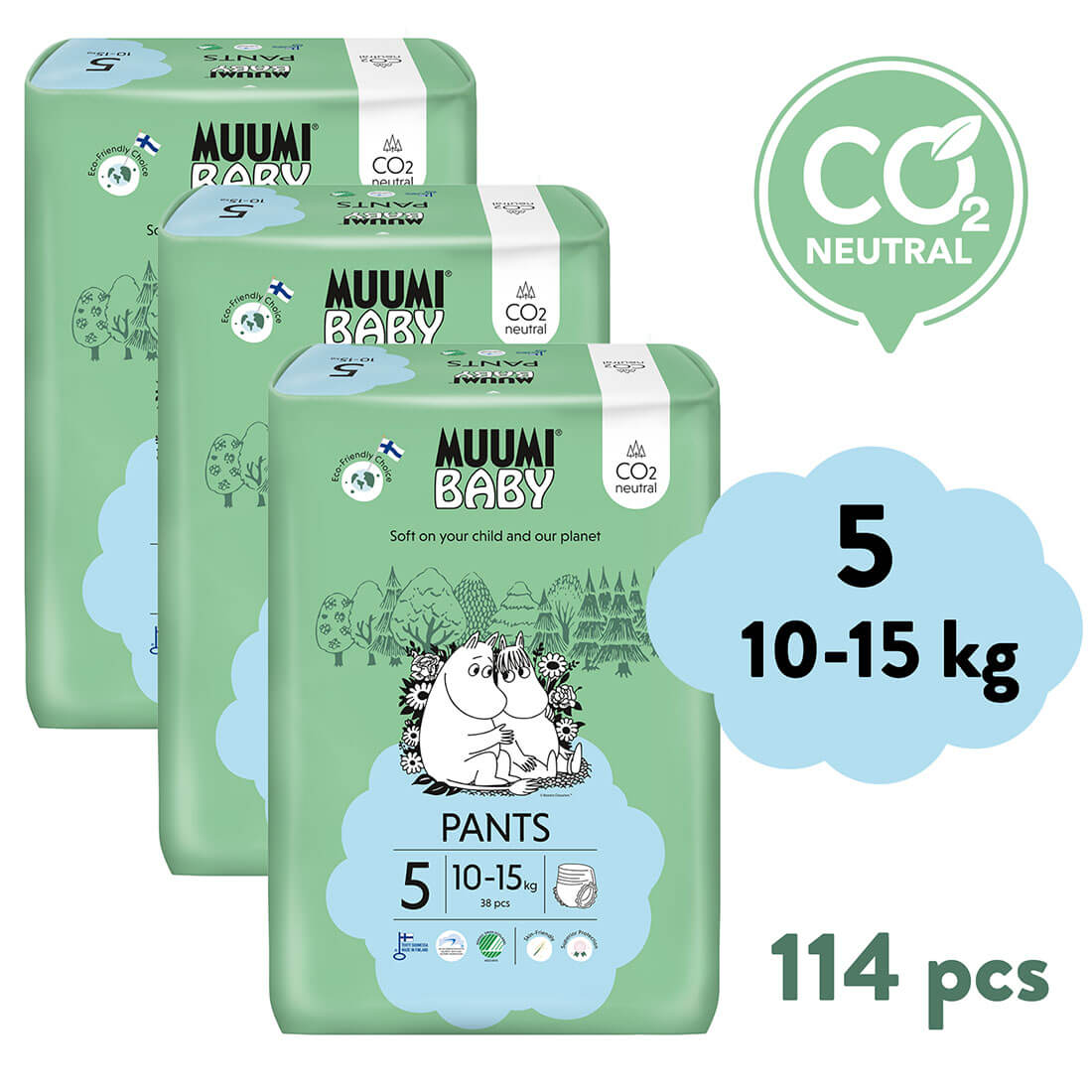 E-shop Muumi Baby Pants 5 Maxi+ 10-15 kg (114 ks), mesačné balenie nohavičkových eko plienok