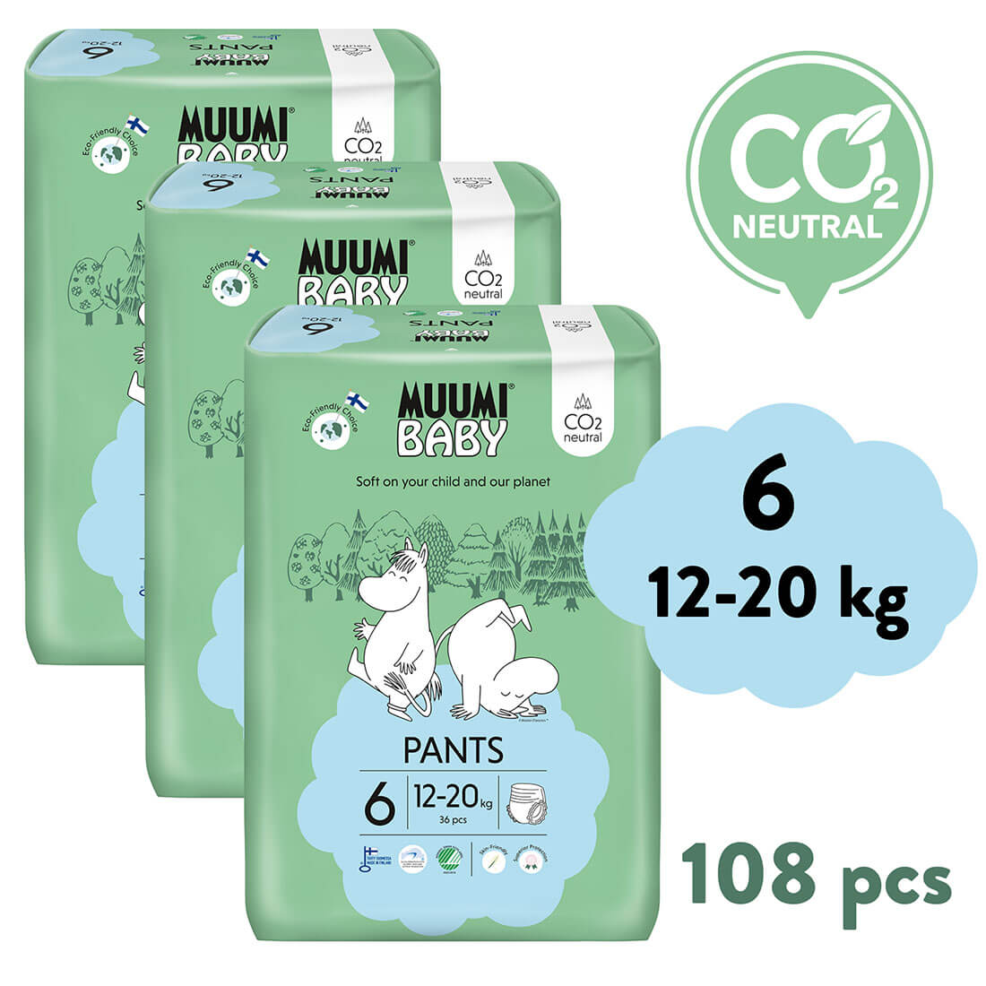E-shop Muumi Baby Pants 6 Junior 12-20 kg (108 ks), mesačné balenie nohavičkových eko plienok
