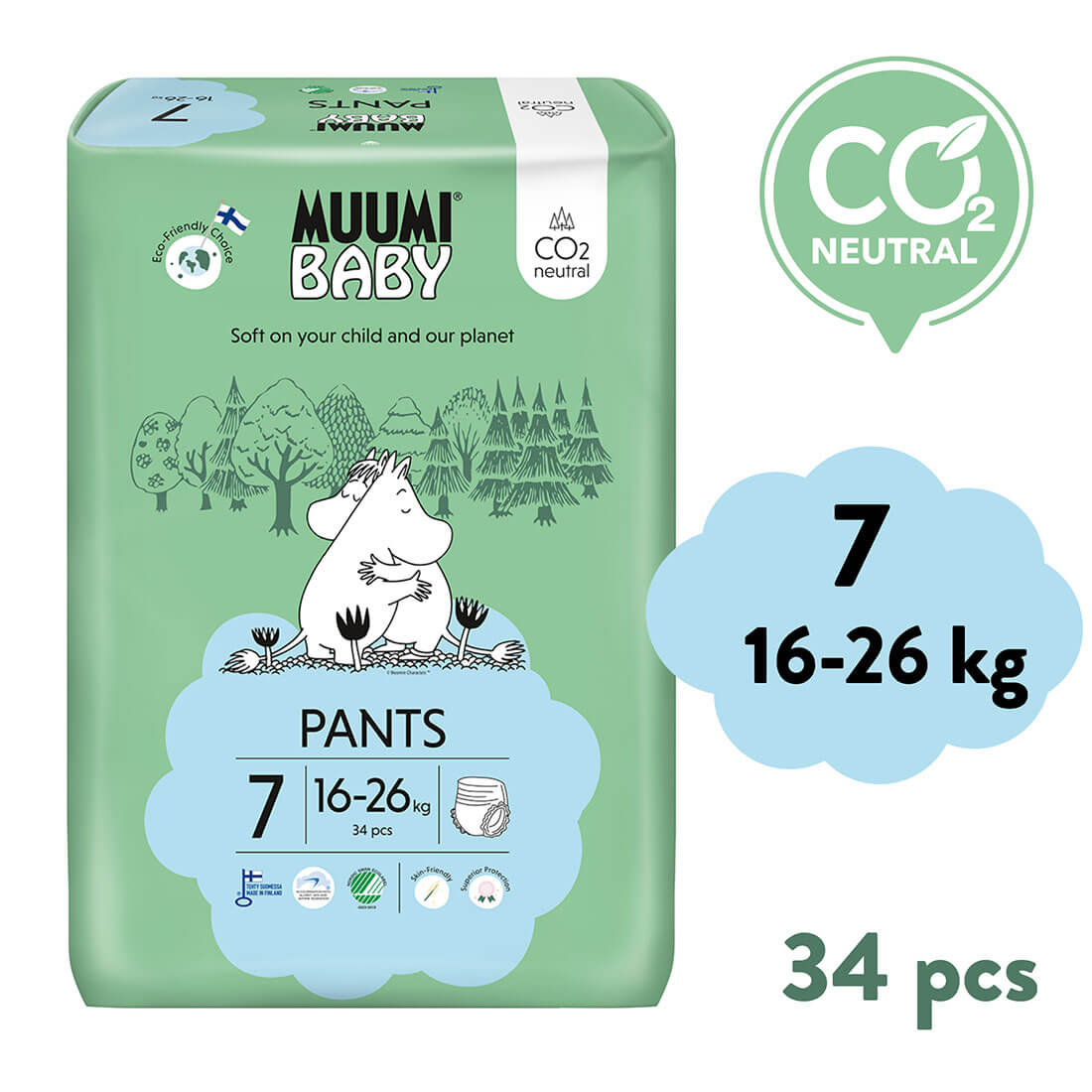 E-shop Muumi Baby Pants 7 XL 16-26 kg (34 ks), nohavičkové eko plienky
