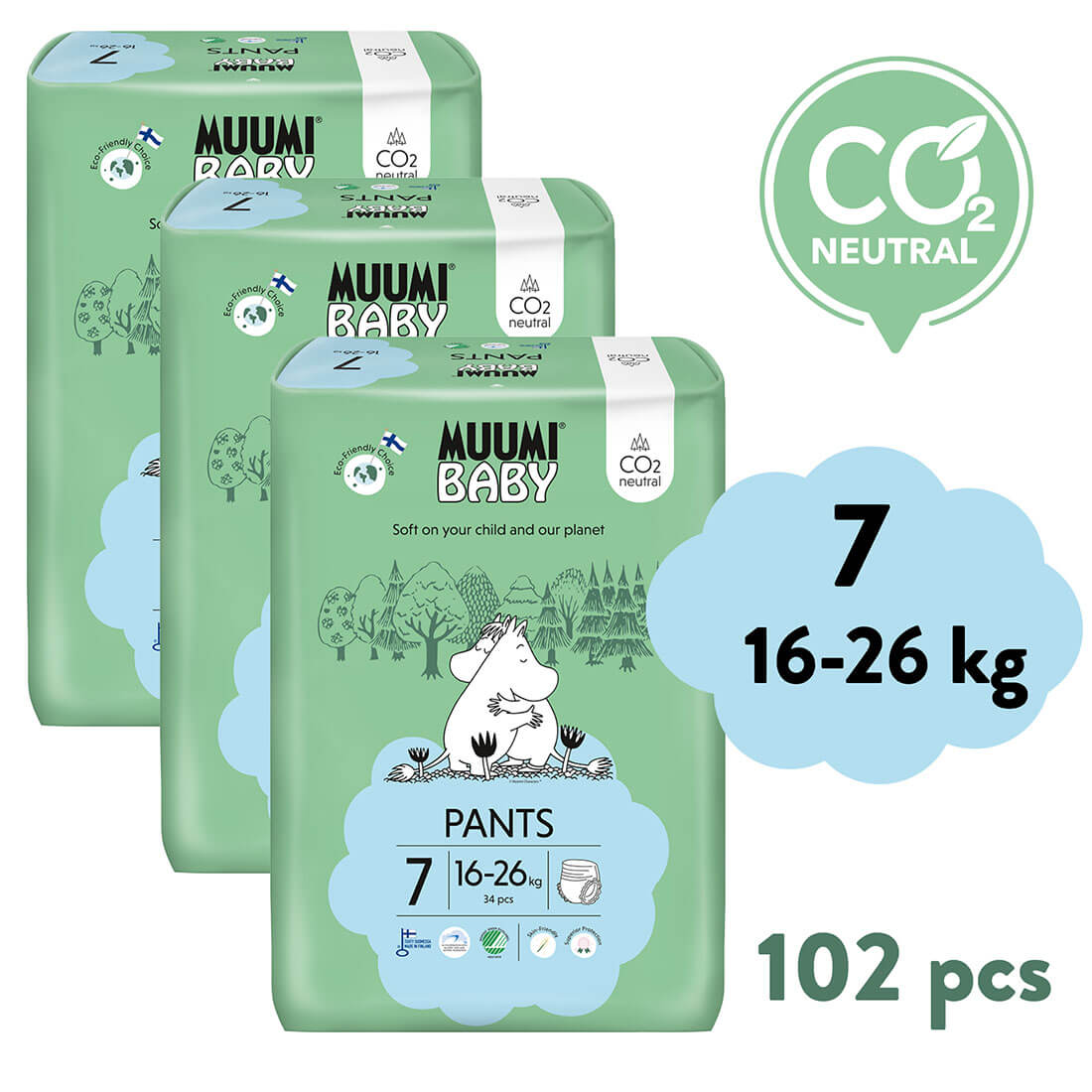 E-shop Muumi Baby Pants 7 XL 16-26 kg (102 ks), mesačné balenie nohavičkových eko plienok