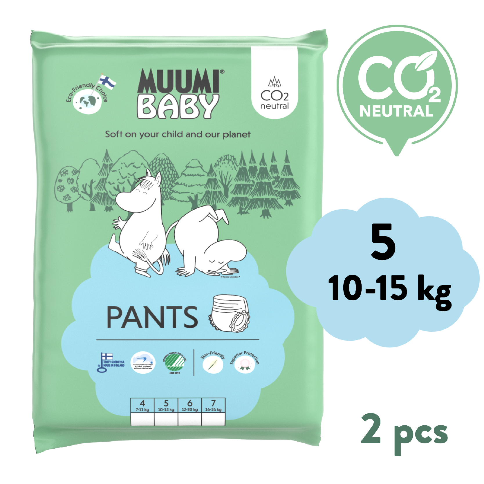 E-shop Muumi Baby Pants 5 Maxi+ 10-15 kg (2 ks), nohavičkové eko plienky