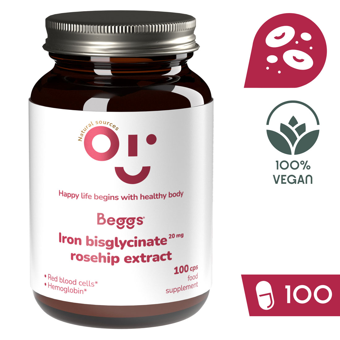 Beggs Iron bisglycinate 20 mg, rosehip extract (100 kapsúl)