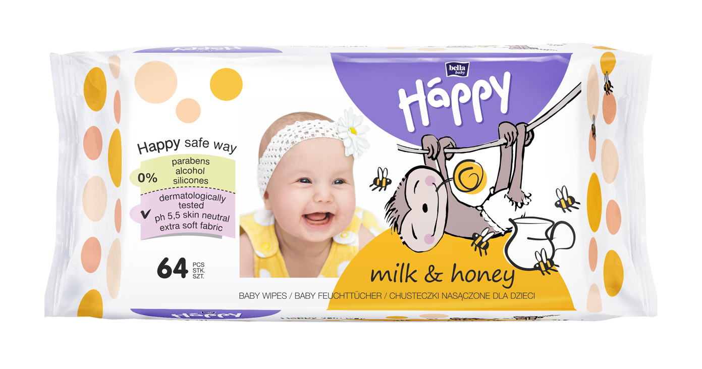 Bella Happy Baby Vlhčené ubrousky Mléko a med (64 ks)