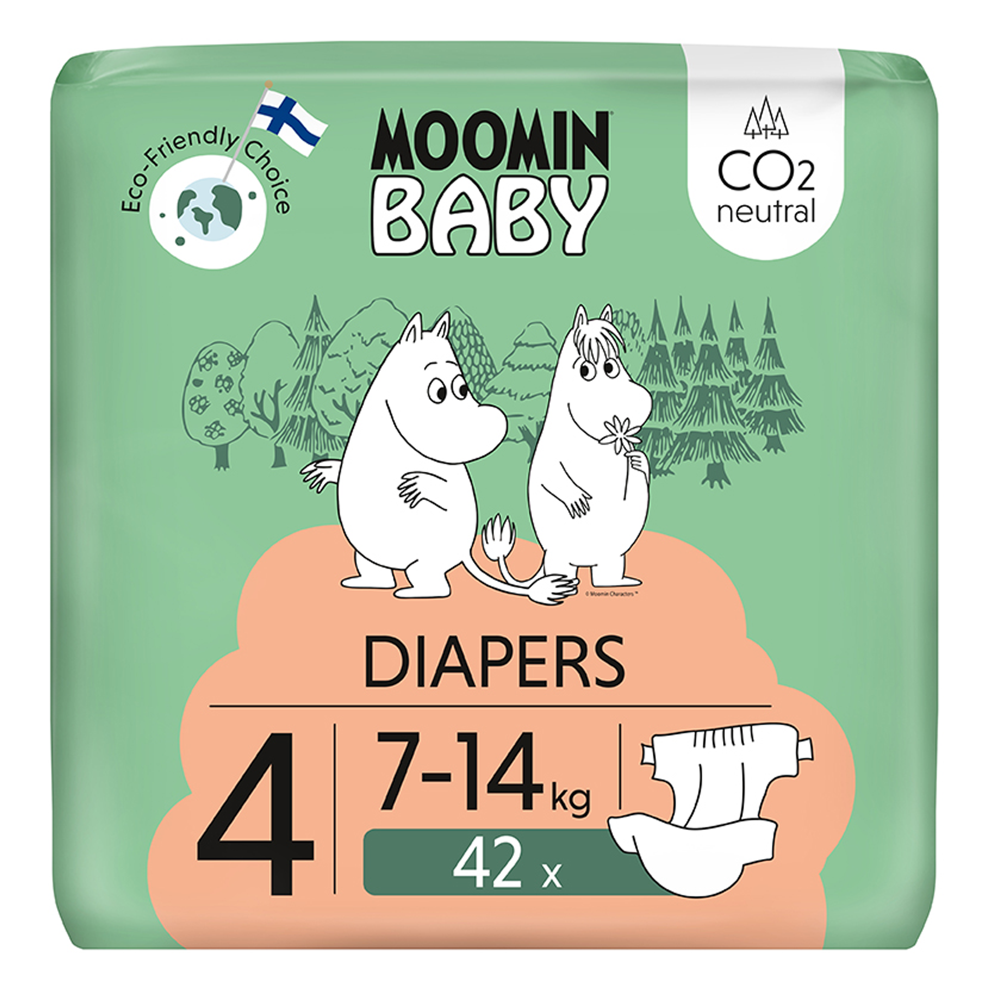 Moomin Baby 4 Maxi 7–14 kg (42 ks), eko plienky