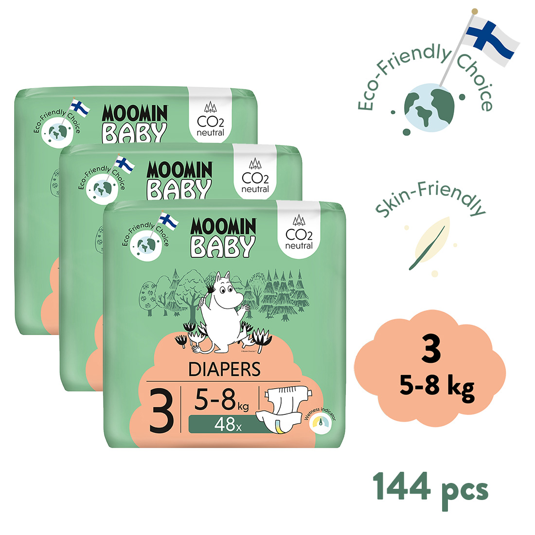 Moomin Baby 3 Midi 5–8 kg (144 ks), mesačné balenie eko plienok