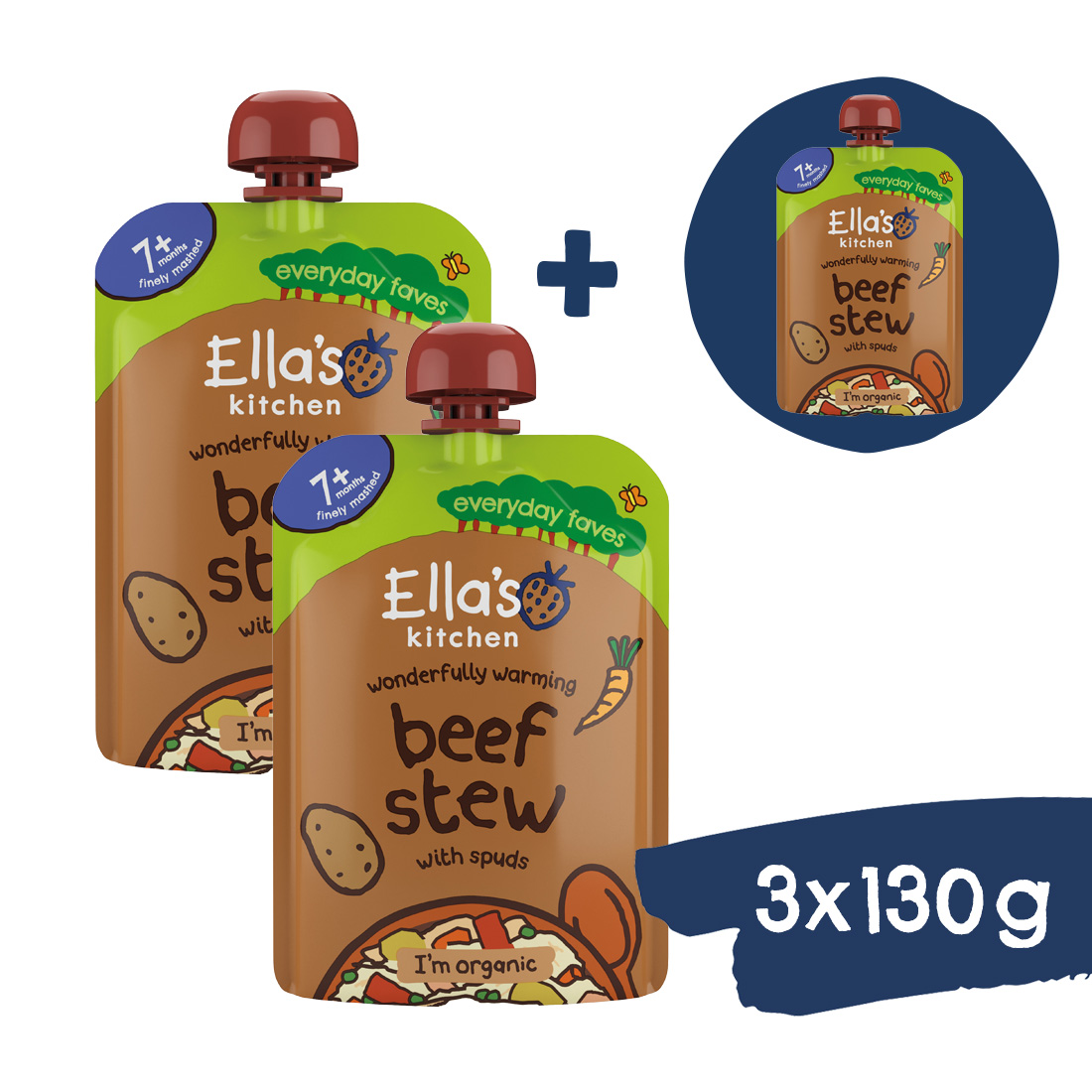 2+1 ZDARMA: Ella's Kitchen BIO Dusené hovädzie mäso so zemiakmi (130 g)