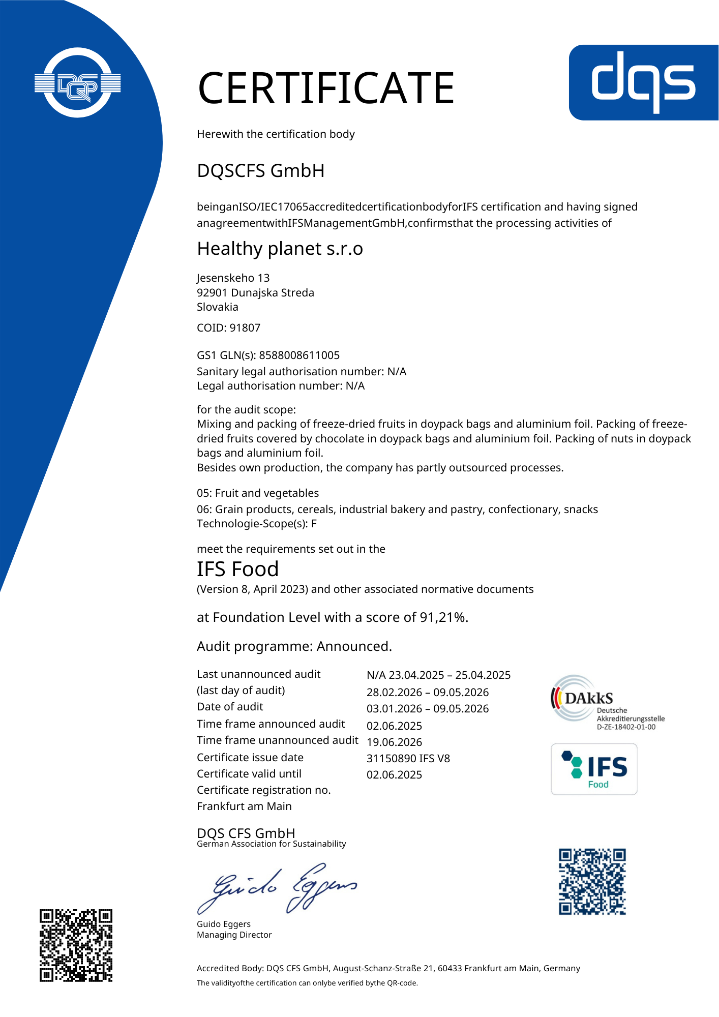 IFS Food certifikát pre HEALTHY PLANET s.r.o.