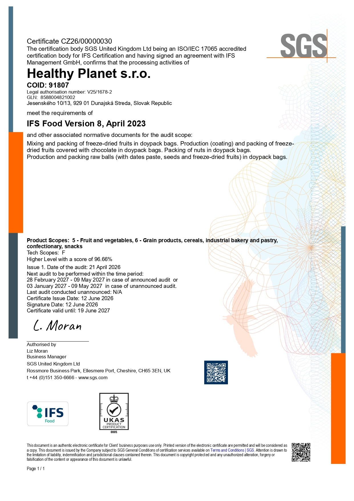 IFS Food certifikát pre HEALTHY PLANET s.r.o.