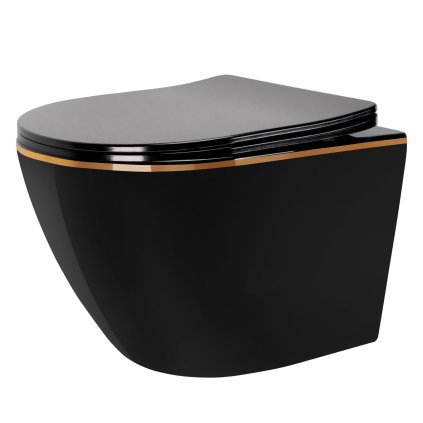 Rea Carlo Mini, rimless závěsná mísa 49x37 cm se sedátkem s pomalým zavíráním, černá-zlatý okraj, REA-C8800