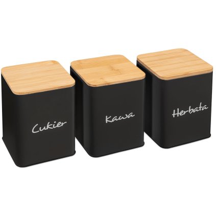 Tutumi, sada 3 černých kuchyňských nádob z kovu a bambusu 391890, černá-hnědá, HOM-08800