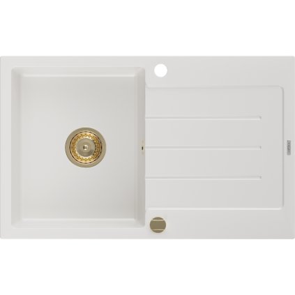 Mexen Bruno, granitový dřez 795x495x200 mm, 1-komorový, bílá se zlatým sifonem, 6513791010-20-G