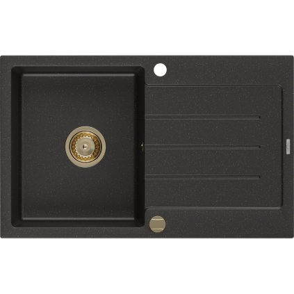 Mexen Bruno, granitový dřez 795x495x200 mm, 1-komorový, černá se zlatou metalízou a zlatým sifonem, 6513791010-75-G