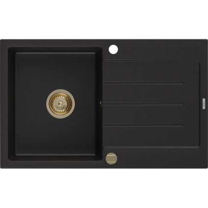 Mexen Bruno, granitový dřez 795x495x200 mm, 1-komorový, černá se zlatým sifonem, 6513791010-77-G