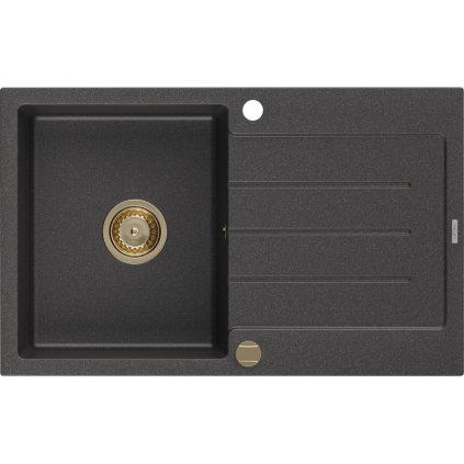 Mexen Bruno, granitový dřez 795x495x200 mm, 1-komorový, černá skvrnitá se zlatým sifonem, 6513791010-76-G