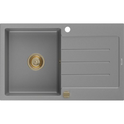 Mexen Bruno, granitový dřez 795x495x200 mm, 1-komorový, šedá se zlatým sifonem, 6513791010-71-G